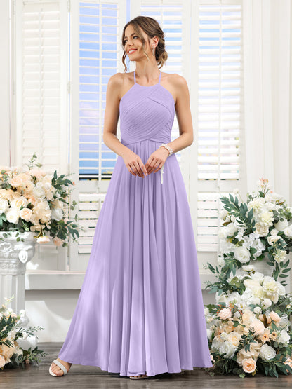 A-Line Halter Sleeveless Ruched Floor-Length Chiffon Bridesmaid Dresses