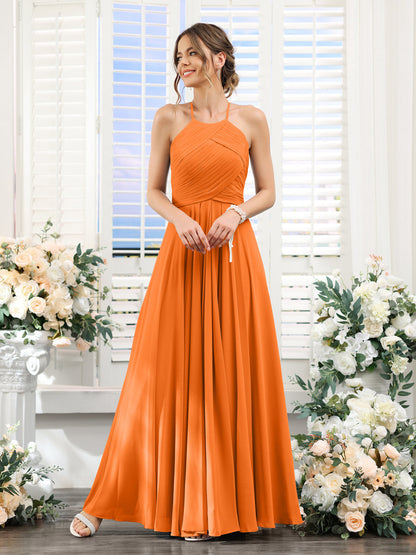 A-Line Halter Sleeveless Ruched Floor-Length Chiffon Bridesmaid Dresses