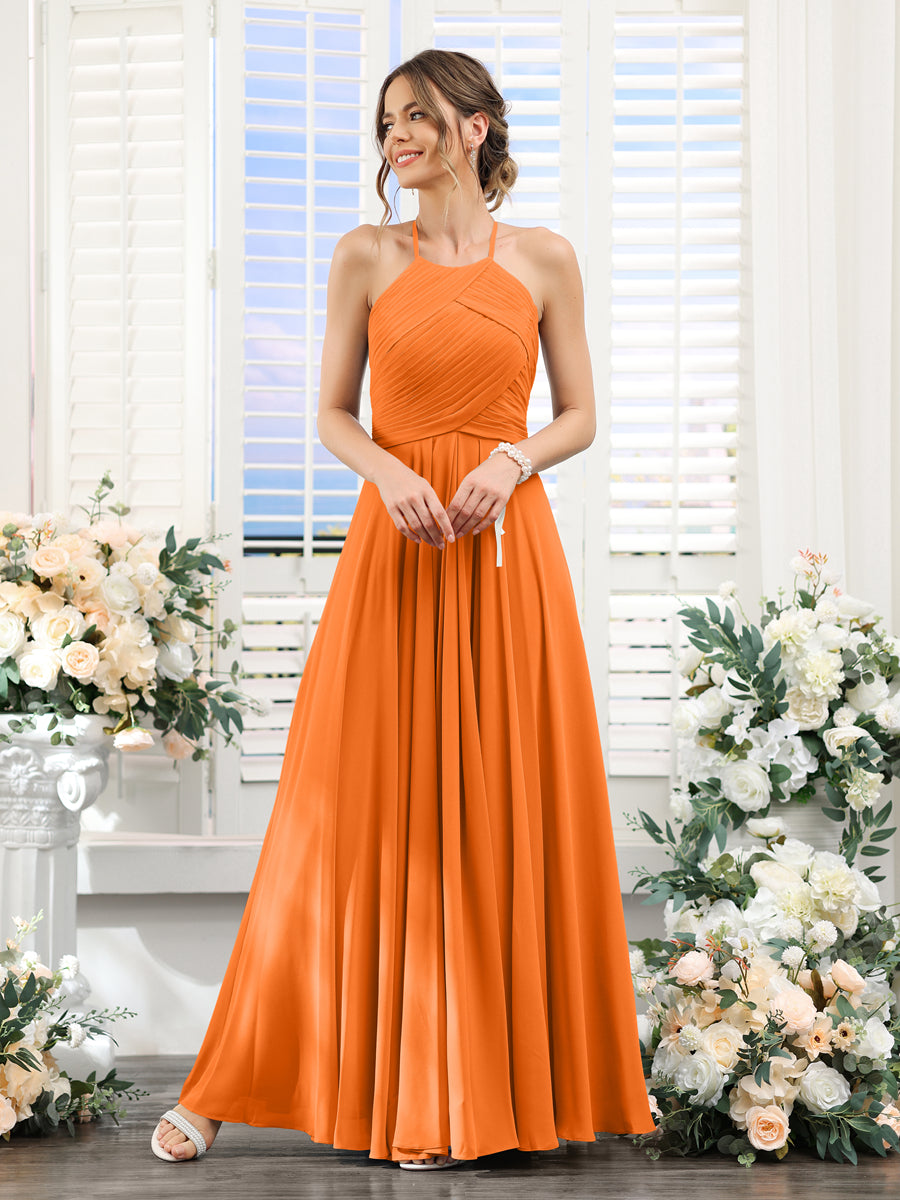 A-Line Halter Sleeveless Ruched Floor-Length Chiffon Bridesmaid Dresses