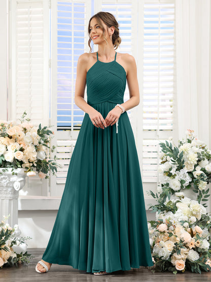 A-Line Halter Sleeveless Ruched Floor-Length Chiffon Bridesmaid Dresses