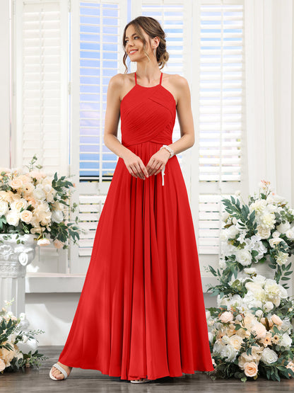 A-Line Halter Sleeveless Ruched Floor-Length Chiffon Bridesmaid Dresses