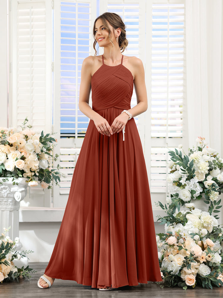 A Line Halter Sleeveless Ruched Floor Length Chiffon Bridesmaid Dresse Lavetir