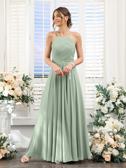 A-Line Halter Sleeveless Ruched Floor-Length Chiffon Bridesmaid Dresses