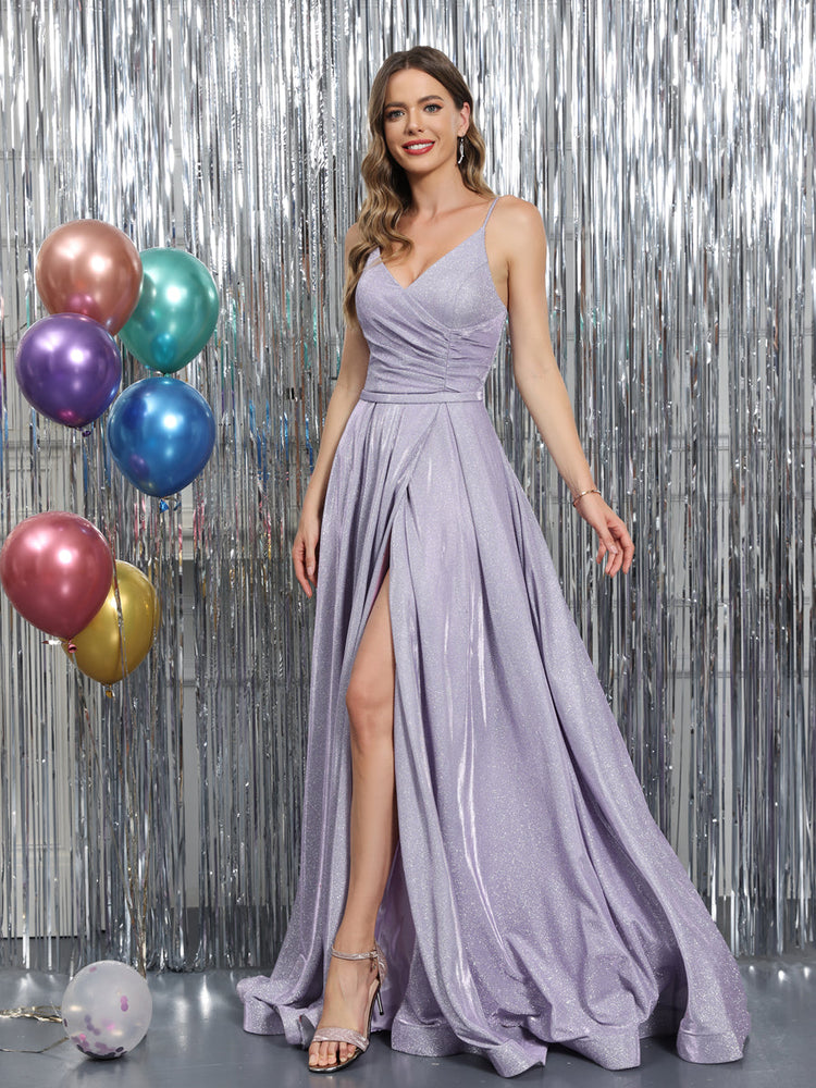Lilac Satin A-Line V-neck Spaghetti Straps Long Prom Dress with