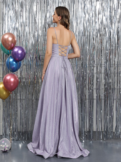 A-Line Spaghetti Straps V-Neck Sleeveless Metallic Lurex Long Prom Dresses