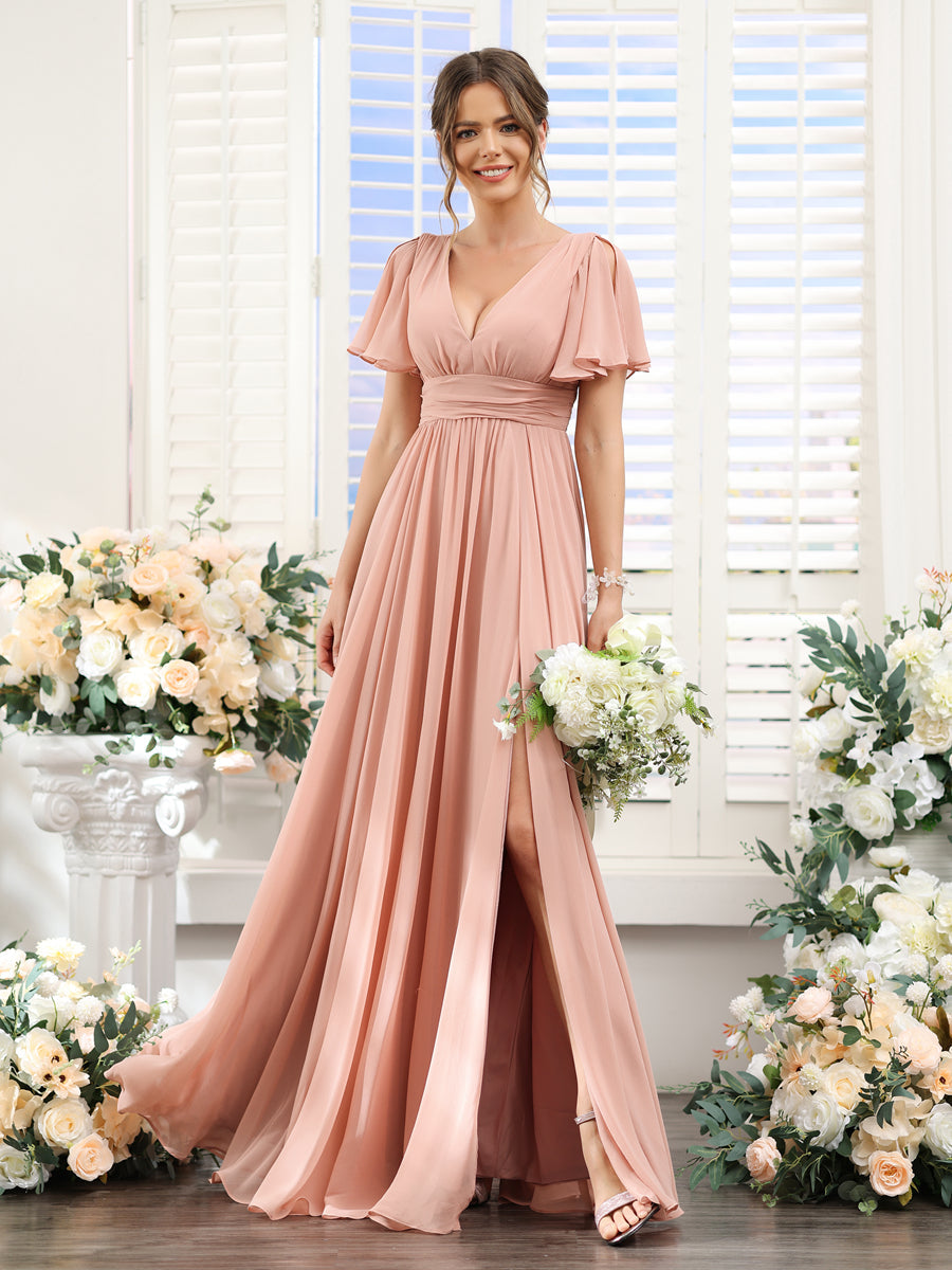 A-Line V-Neck Short Sleeves Split Side Floor-Length Chiffon Bridesmaid Dresses