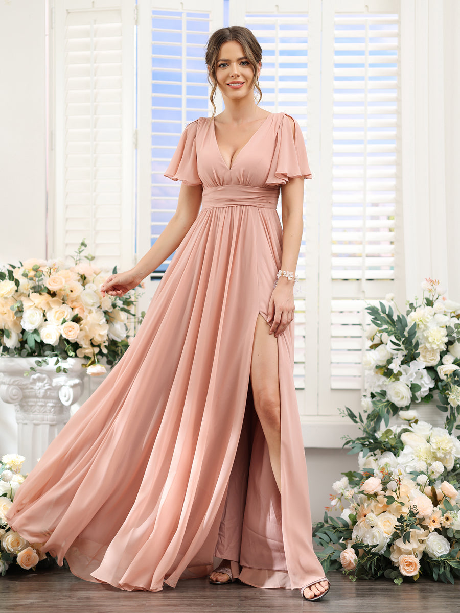 A-Line V-Neck Short Sleeves Split Side Floor-Length Chiffon Bridesmaid Dresses