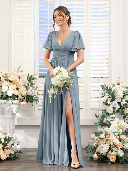 A-Line V-Neck Short Sleeves Split Side Floor-Length Chiffon Bridesmaid Dresses