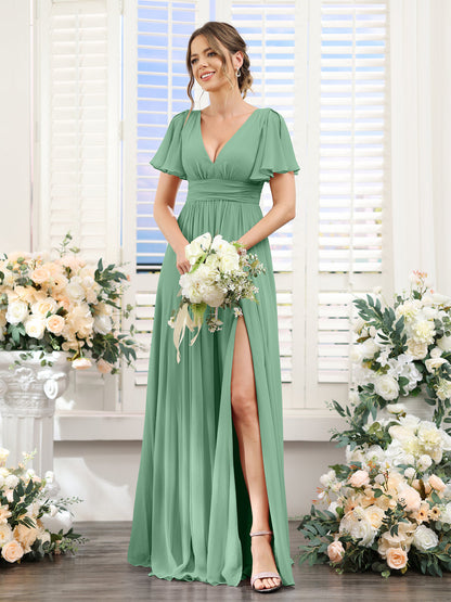 A-Line V-Neck Short Sleeves Split Side Floor-Length Chiffon Bridesmaid Dresses