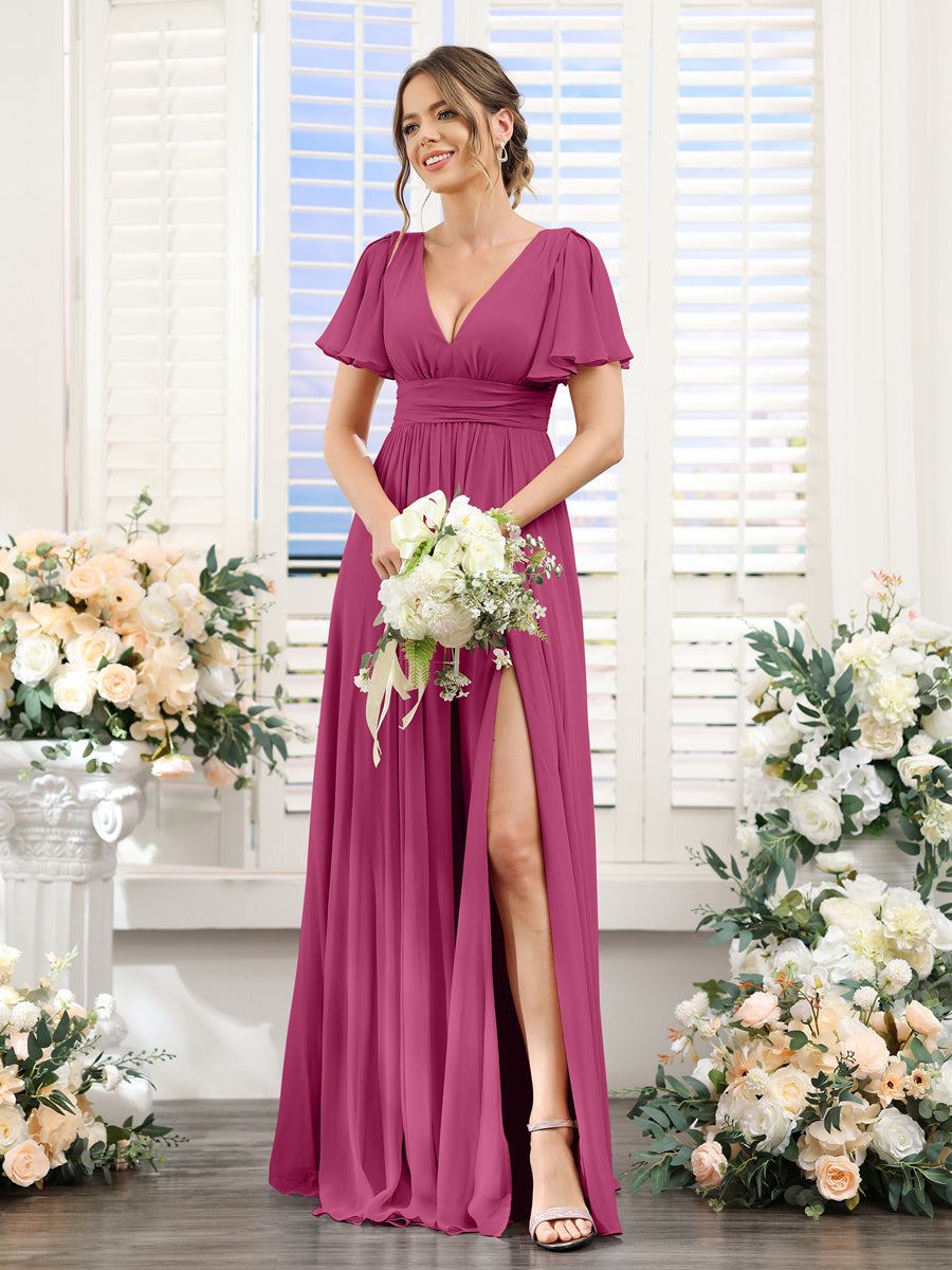 A-Line V-Neck Short Sleeves Split Side Floor-Length Chiffon Bridesmaid Dresses