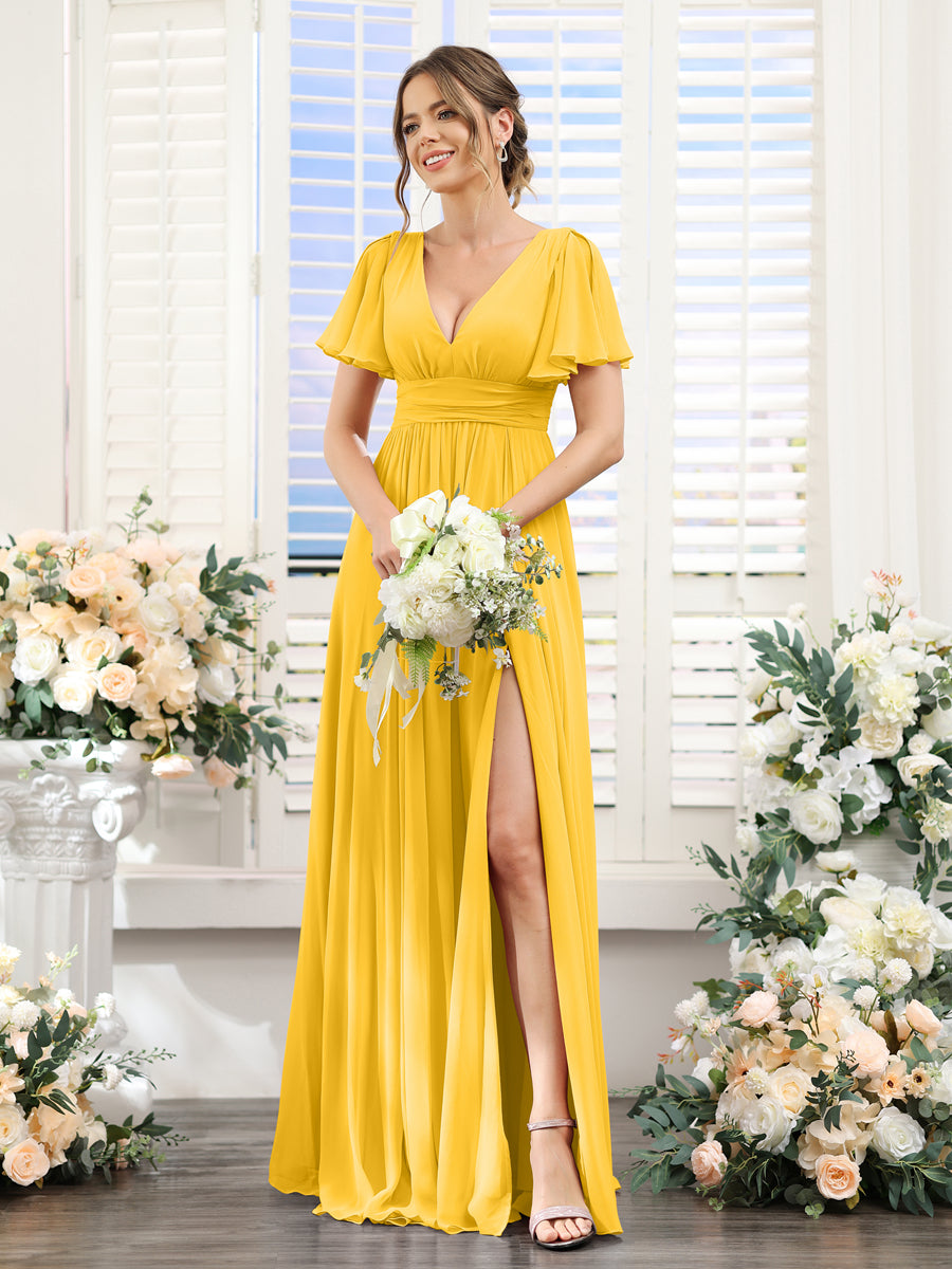 A-Line V-Neck Short Sleeves Split Side Floor-Length Chiffon Bridesmaid Dresses