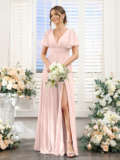 A-Line V-Neck Short Sleeves Split Side Floor-Length Chiffon Bridesmaid Dresses