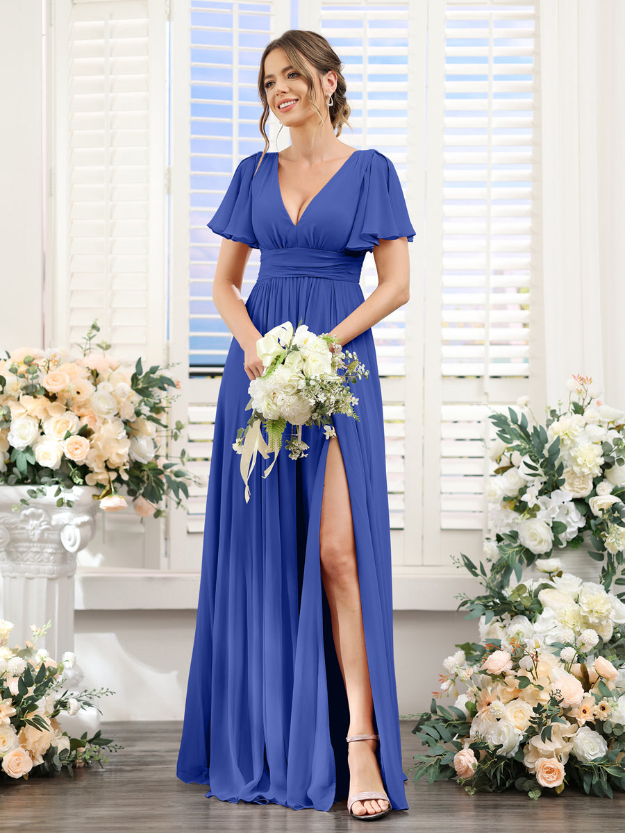 A-Line V-Neck Short Sleeves Split Side Floor-Length Chiffon Bridesmaid Dresses