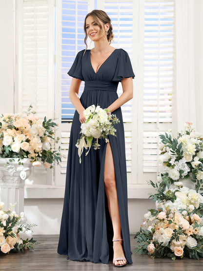 A-Line V-Neck Short Sleeves Split Side Floor-Length Chiffon Bridesmaid Dresses