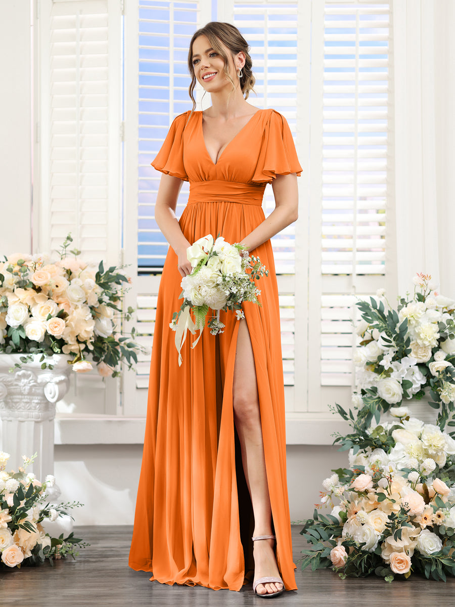 A-Line V-Neck Short Sleeves Split Side Floor-Length Chiffon Bridesmaid Dresses