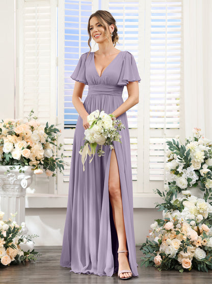 A-Line V-Neck Short Sleeves Split Side Floor-Length Chiffon Bridesmaid Dresses