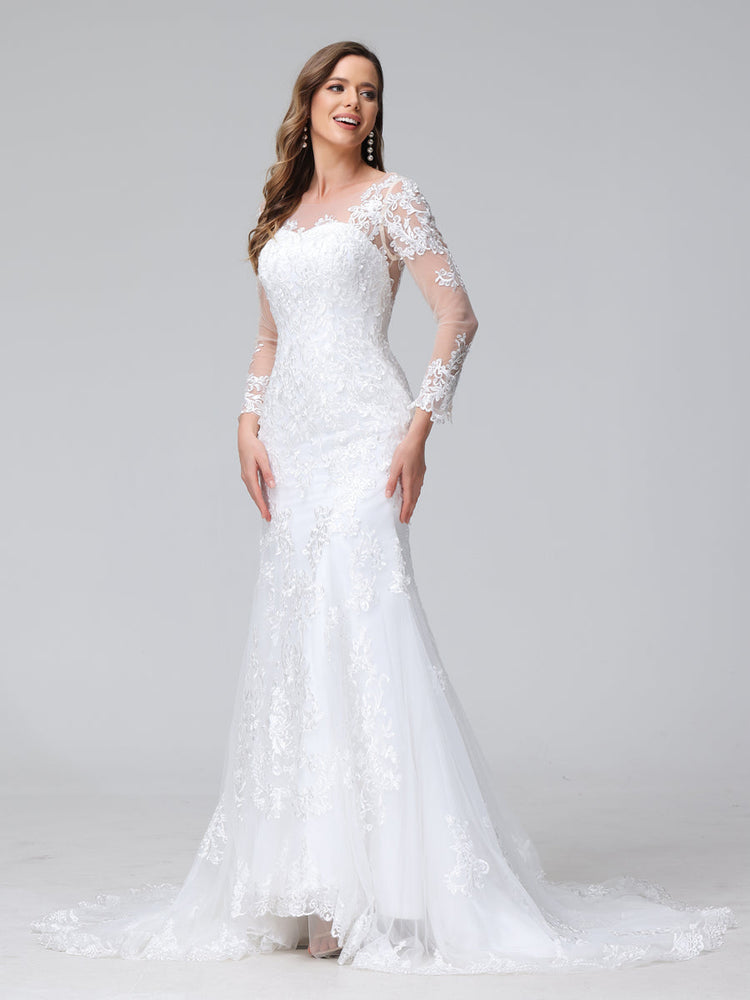 Lavetir White Trumpet/Mermaid Sweetheart Lace Wedding Dresses 2024 with Long Sleeves