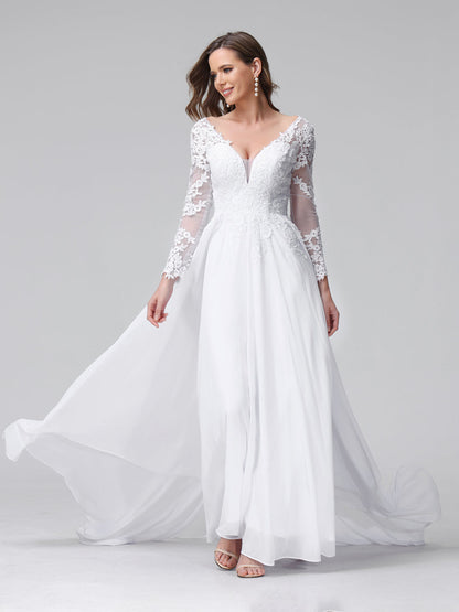 A-Line V-Neck Long Sleeves Long Chiffon Wedding Dresses with Lace Applique