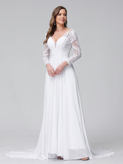 A-Line V-Neck Long Sleeves Long Chiffon Wedding Dresses with Lace Applique