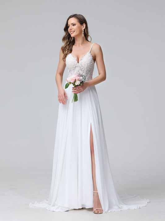 A-Line Spaghetti Straps V-Neck Sleeveless Long Chiffon Wedding Dresses With Applique Split Side