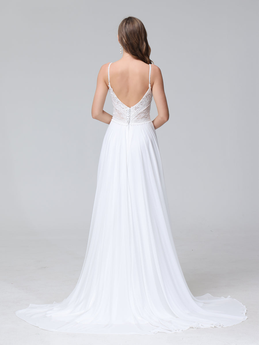 A-Line Spaghetti Straps V-Neck Sleeveless Long Chiffon Wedding Dresses With Applique Split Side