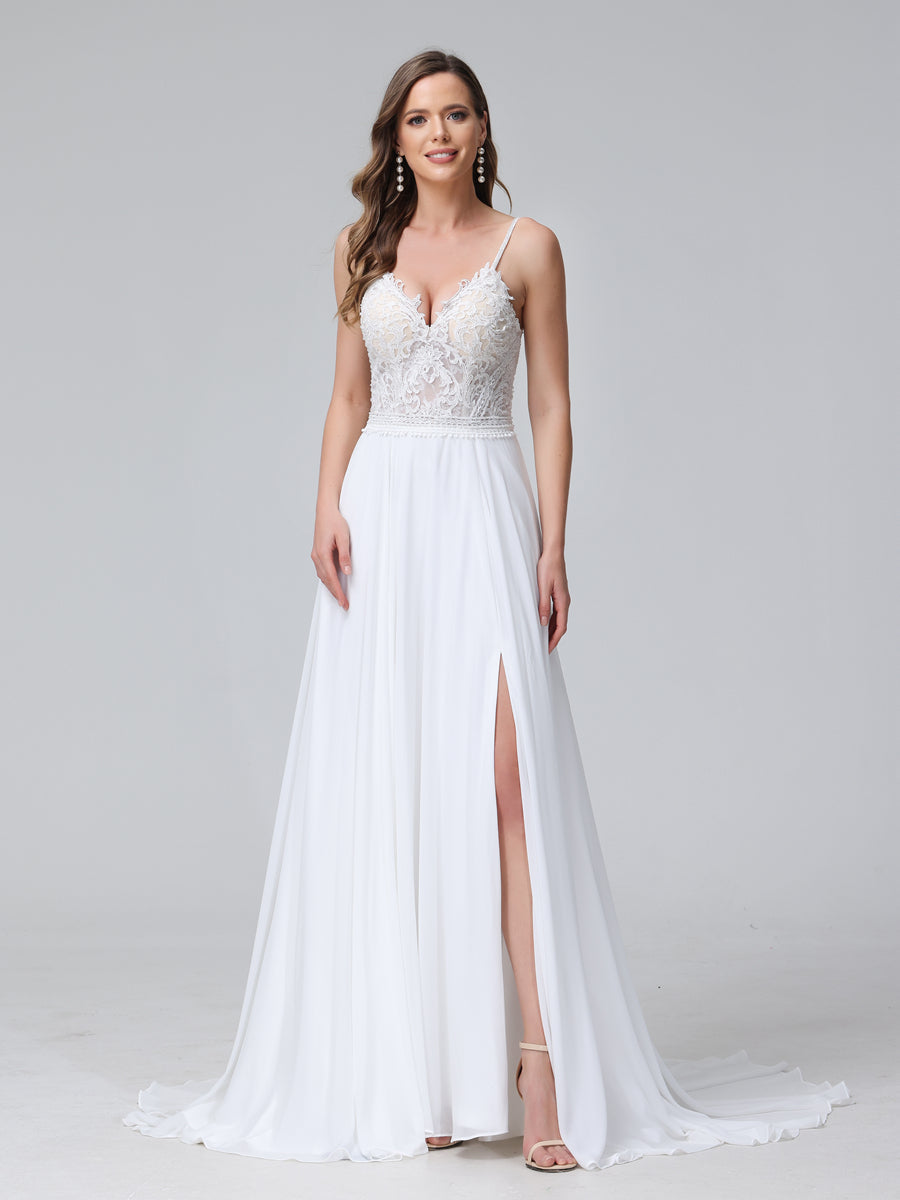 A-Line Spaghetti Straps V-Neck Sleeveless Long Chiffon Wedding Dresses With Applique Split Side