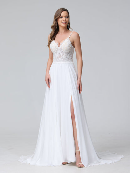 A-Line Spaghetti Straps V-Neck Sleeveless Long Chiffon Wedding Dresses With Applique Split Side