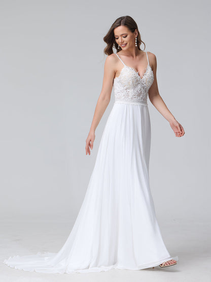 A-Line Spaghetti Straps V-Neck Sleeveless Long Chiffon Wedding Dresses With Applique Split Side