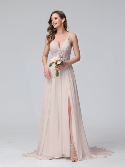 A-Line Spaghetti Straps V-Neck Sleeveless Long Chiffon Wedding Dresses With Applique Split Side