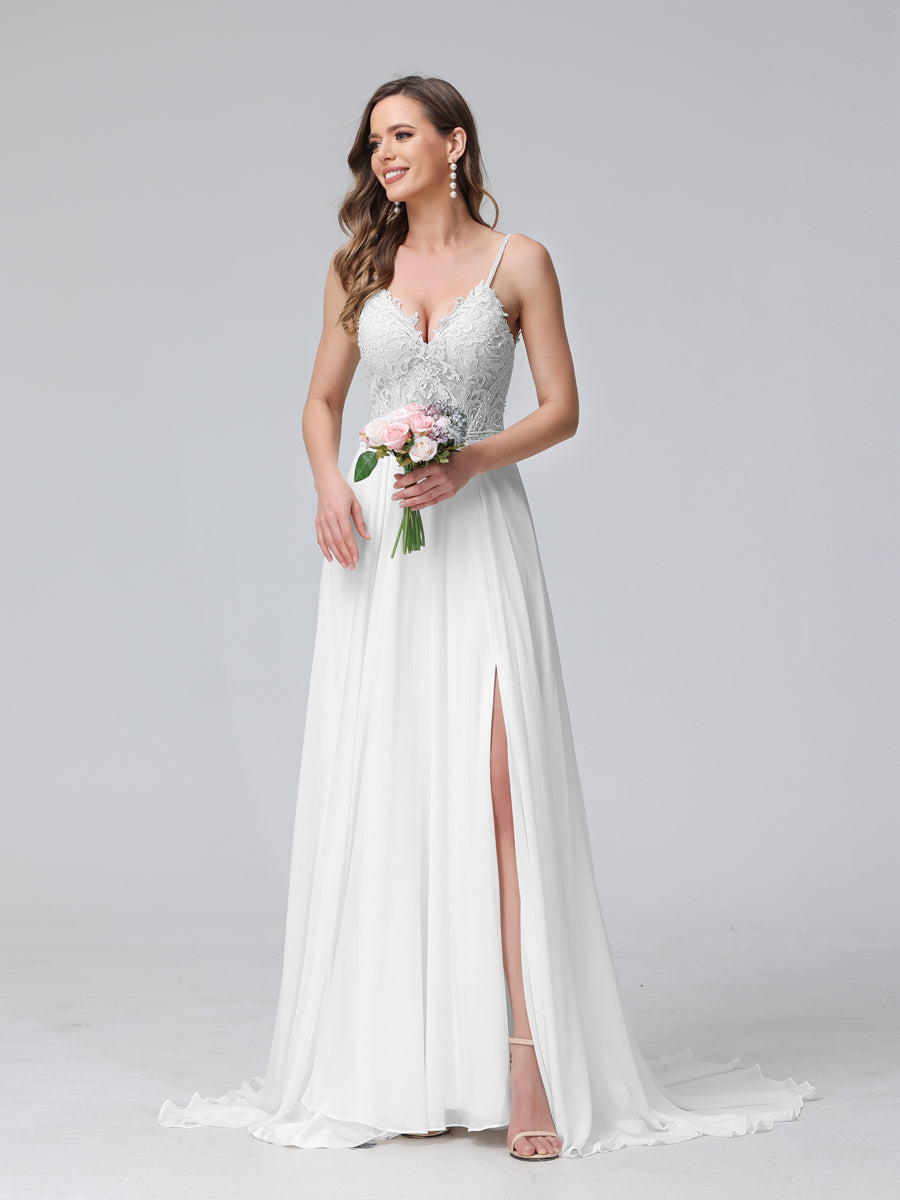 A-Line Spaghetti Straps V-Neck Sleeveless Long Chiffon Wedding Dresses With Applique Split Side