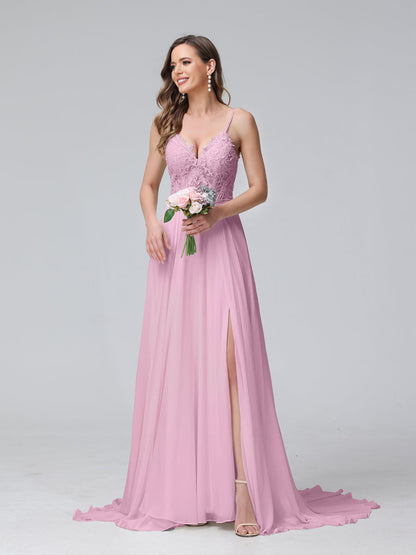 A-Line Spaghetti Straps V-Neck Sleeveless Long Chiffon Wedding Dresses With Applique Split Side