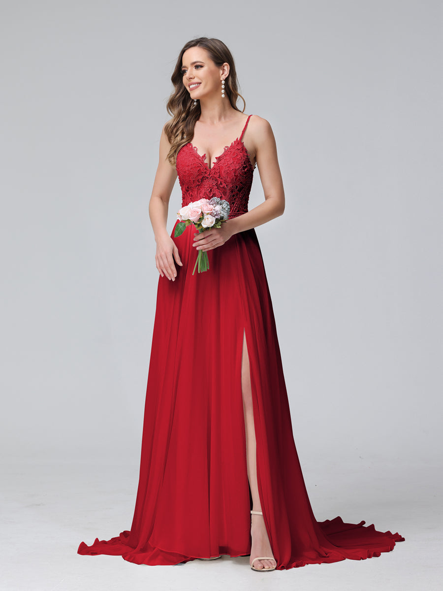 A-Line Spaghetti Straps V-Neck Sleeveless Long Chiffon Wedding Dresses With Applique Split Side