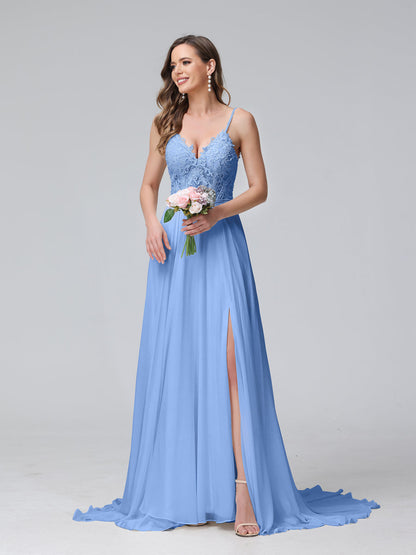 A-Line Spaghetti Straps V-Neck Sleeveless Long Chiffon Wedding Dresses With Applique Split Side