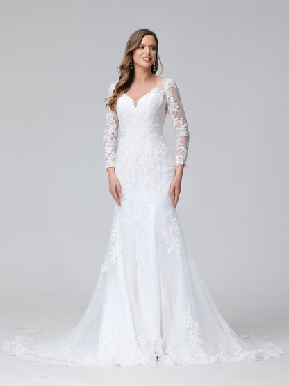 Trumpet/Mermaid V-Neck Long Sleeves Lace Wedding Dresses