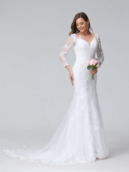 Trumpet/Mermaid V-Neck Long Sleeves Lace Wedding Dresses