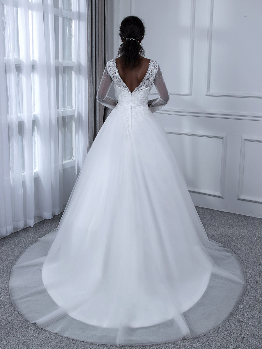 V-Neck Long Sleeves Tulle Ball Gown Wedding Dresses with Appliques