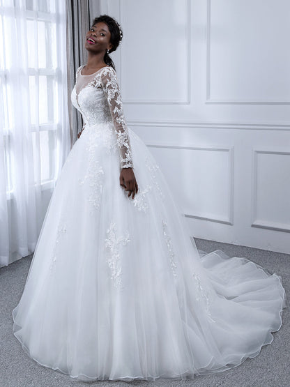 Sheer Neck Tulle Ball Gown Wedding Dresses with Long Sleeves & Appliques