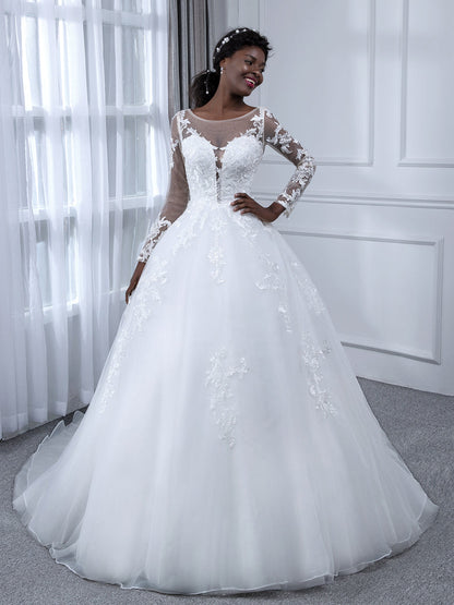 Sheer Neck Tulle Ball Gown Wedding Dresses with Long Sleeves & Appliques