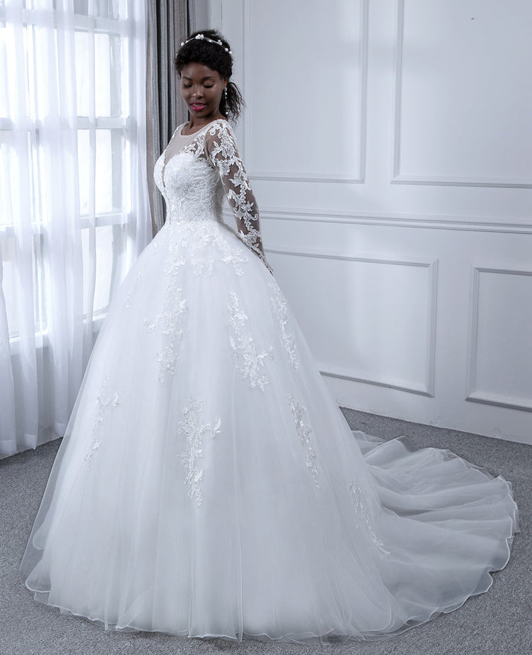 Sheer Neck Tulle Ball Gown Wedding Dresses with Long Sleeves &  Appliqu-Lavetir