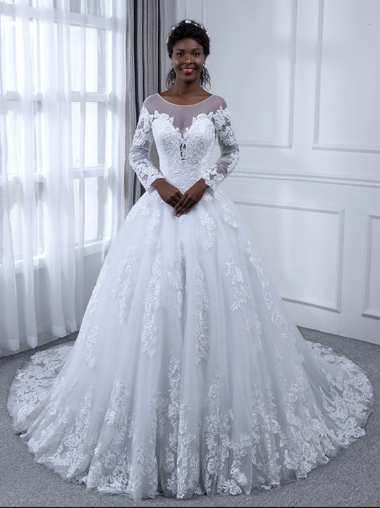 Sheer Neck Long Sleeves Tulle Ball Gown Wedding Dresses with Beading Appliques