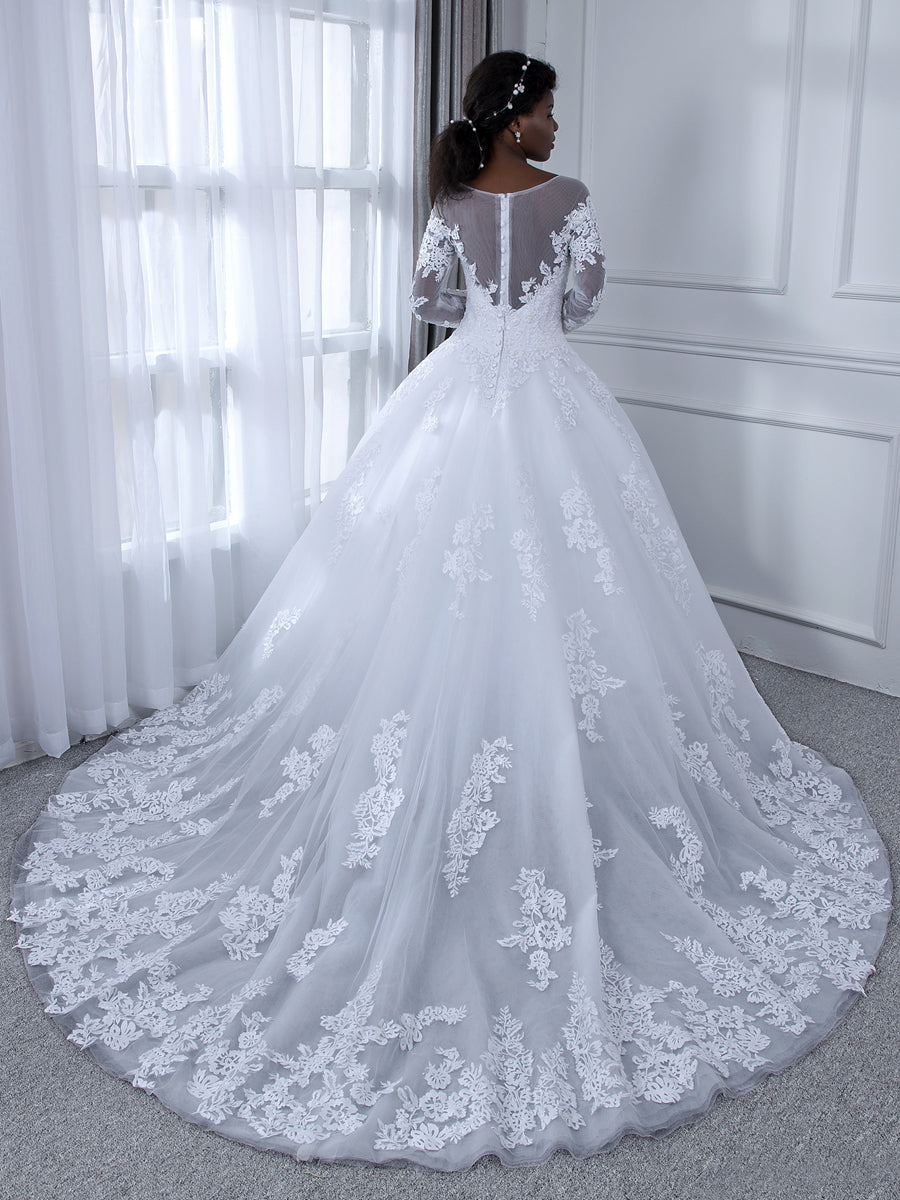 Sheer Neck Long Sleeves Tulle Ball Gown Wedding Dresses with Beading Appliques