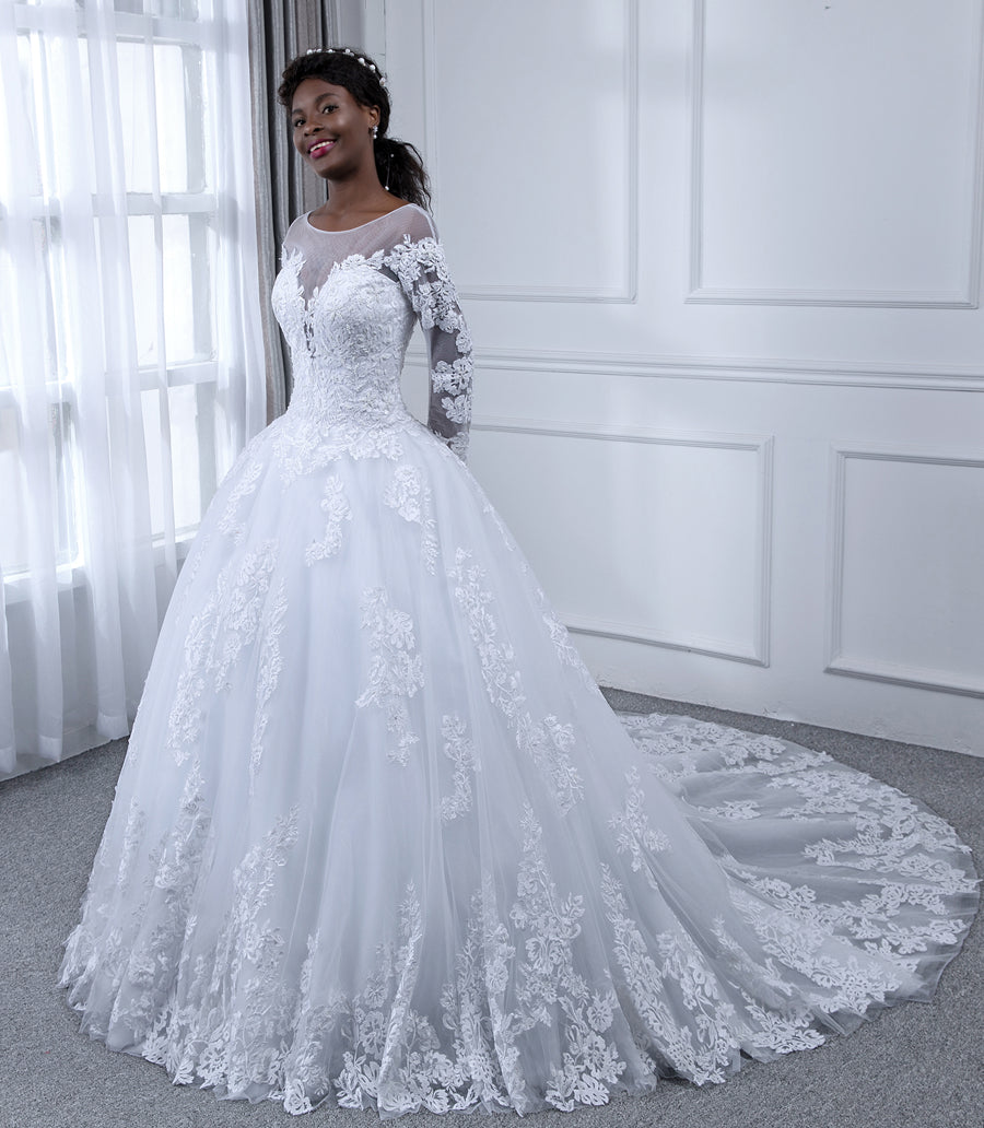 Sheer Neck Long Sleeves Tulle Ball Gown Wedding Dresses with Beading Appliques