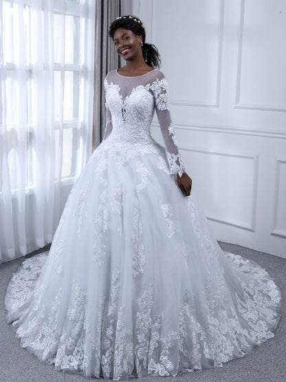 Sheer Neck Long Sleeves Tulle Ball Gown Wedding Dresses with Beading Appliques