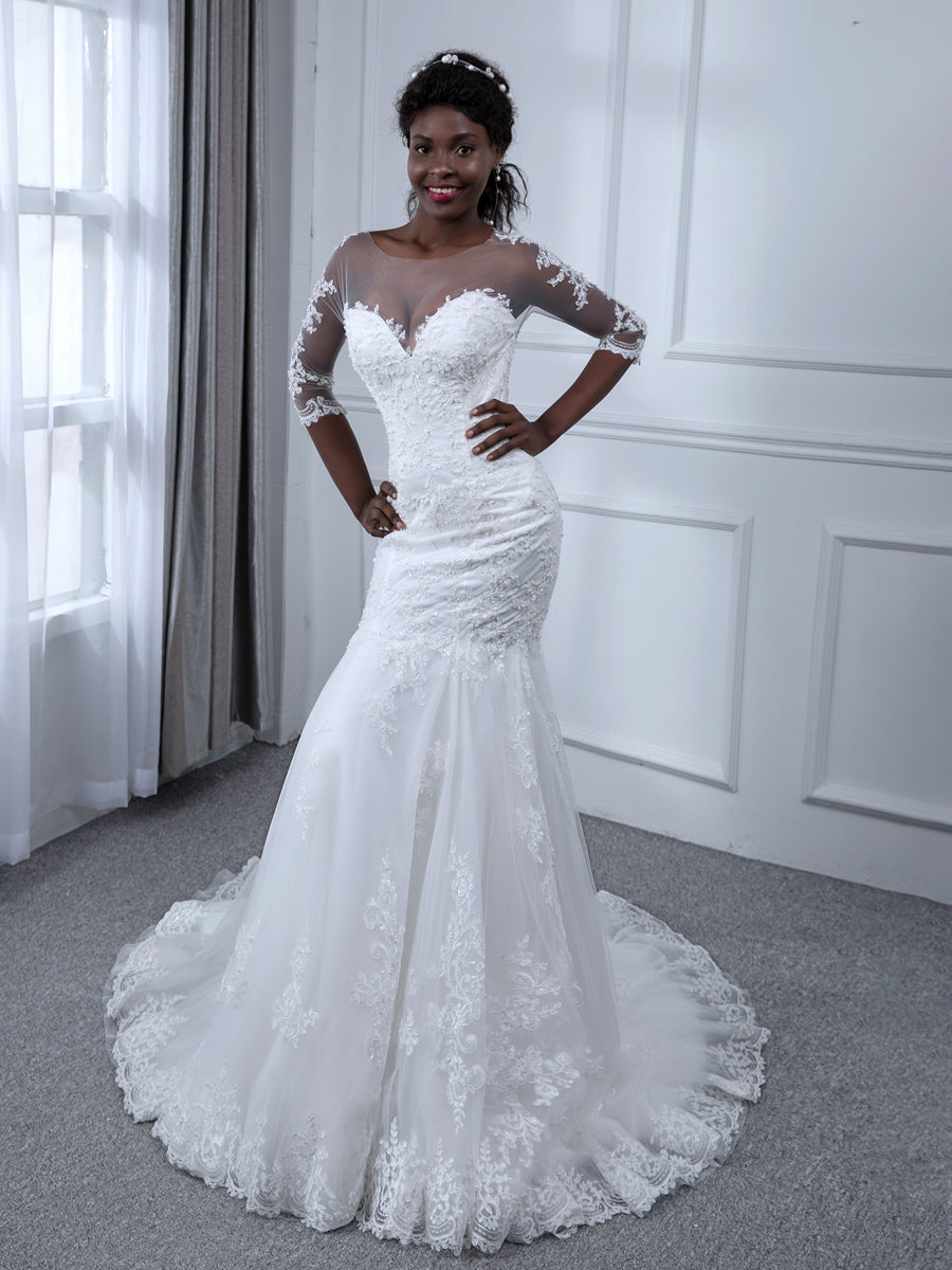 Sheer Neck 3/4 Sleeves Tulle Mermaid Wedding Dresses with Beading Appliques