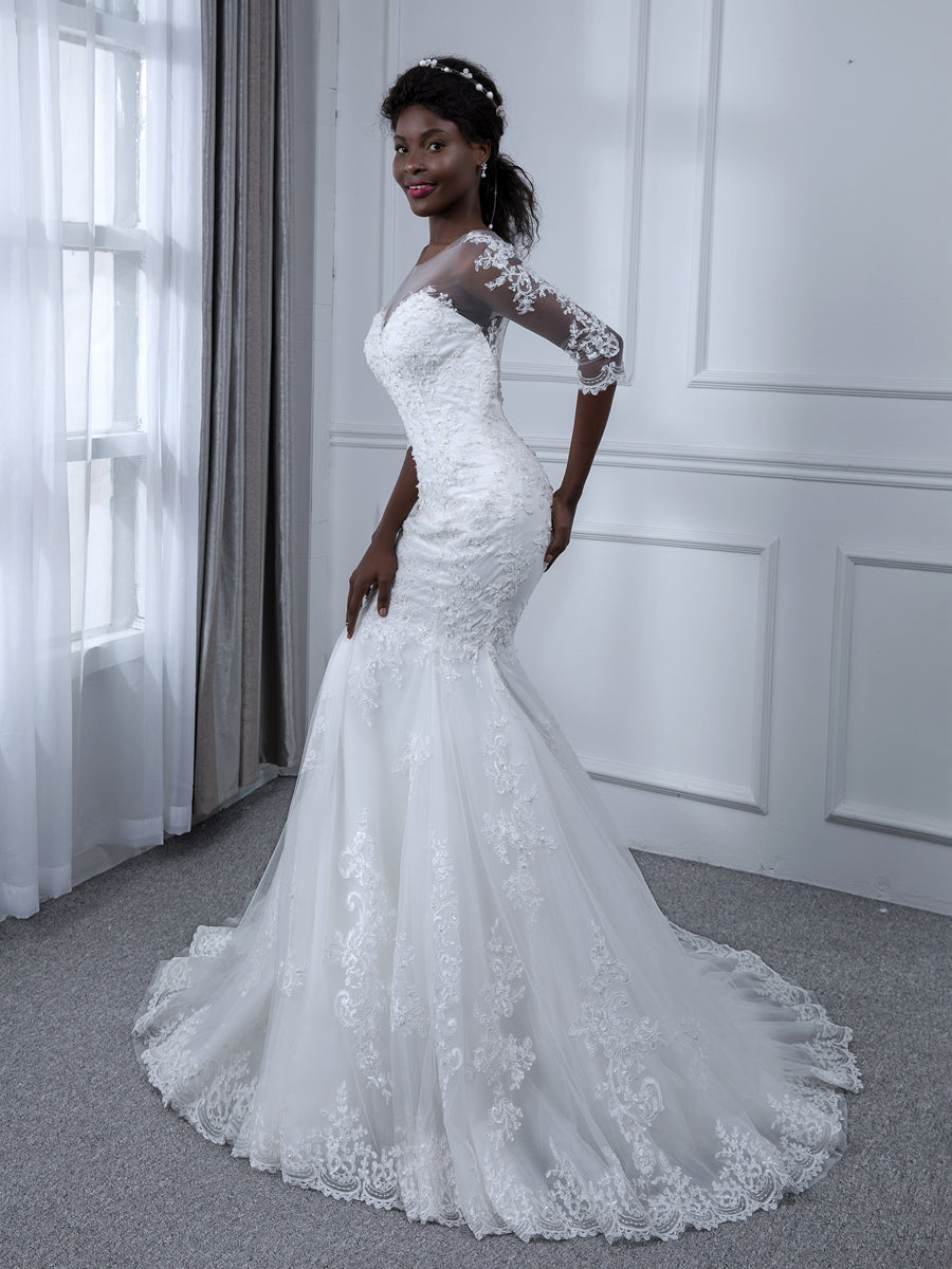 Sheer Neck 3/4 Sleeves Tulle Mermaid Wedding Dresses with Beading Appliques