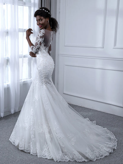 Sheer Neck 3/4 Sleeves Tulle Mermaid Wedding Dresses with Beading Appliques