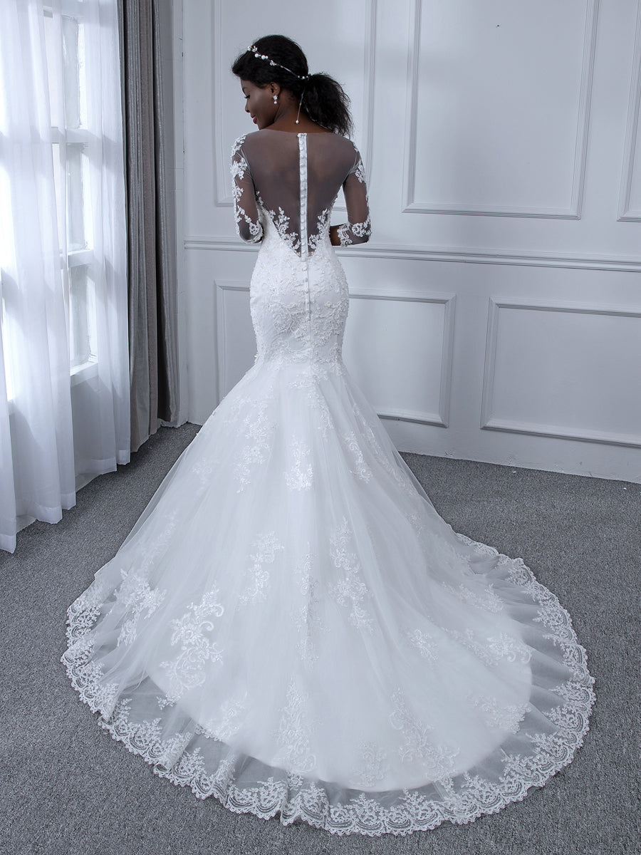 Sheer Neck 3/4 Sleeves Tulle Mermaid Wedding Dresses with Beading Appliques