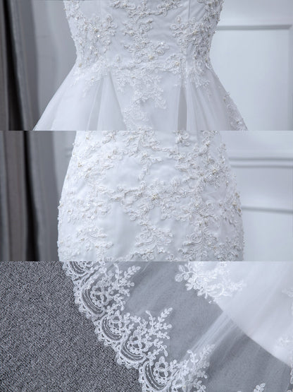 Sheer Neck 3/4 Sleeves Tulle Mermaid Wedding Dresses with Beading Appliques