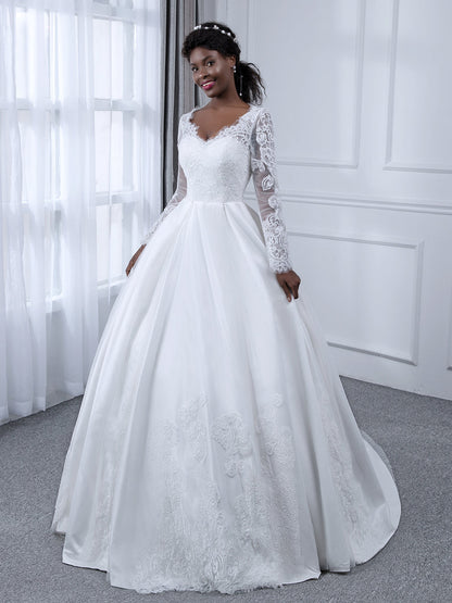 V-Neck Long Sleeves Lace Ball Gown Wedding Dresses with Appliques