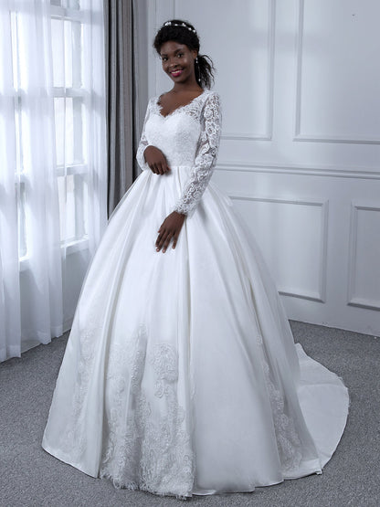 V-Neck Long Sleeves Lace Ball Gown Wedding Dresses with Appliques